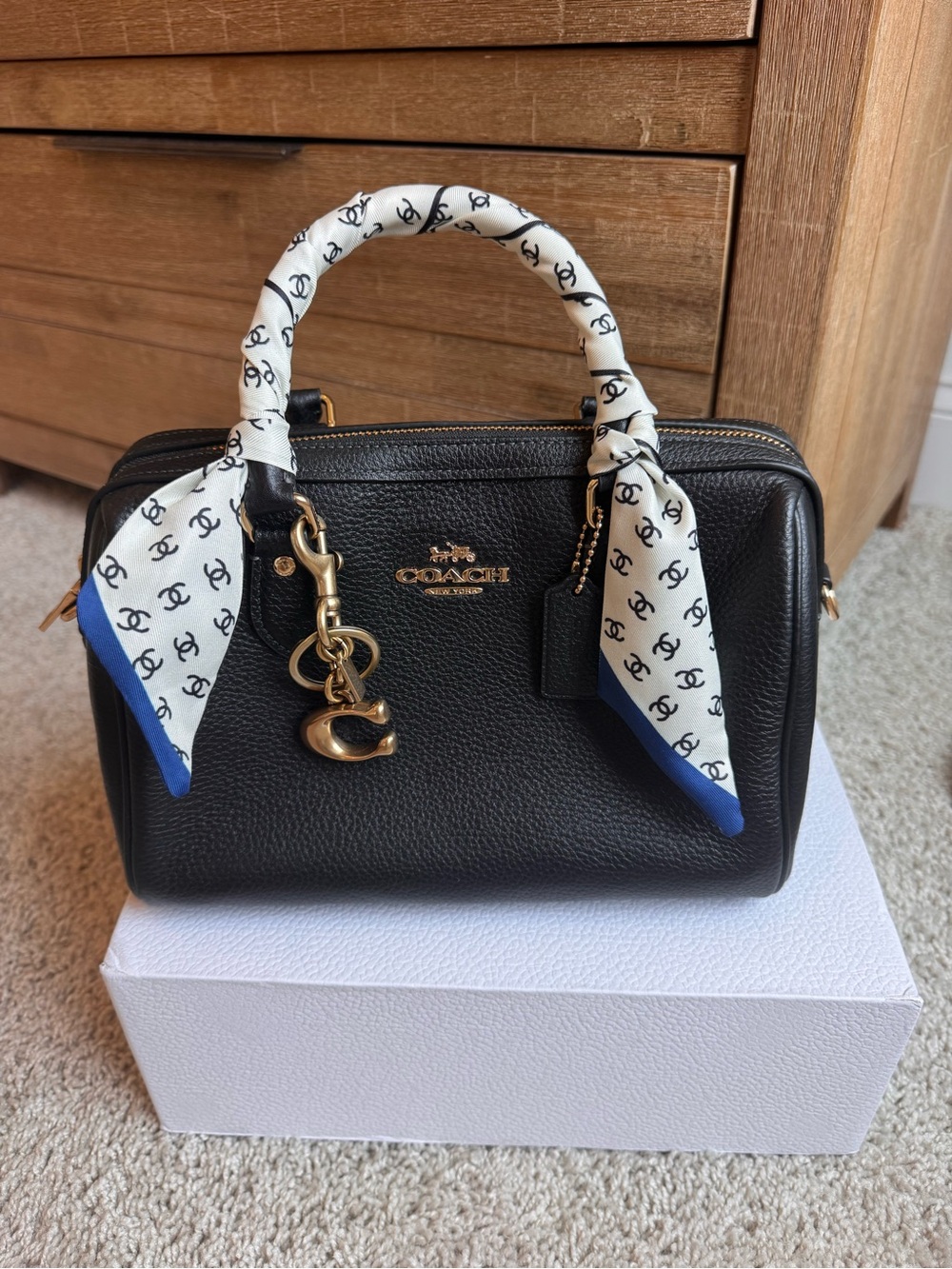 Coach Rowan Pebbled Leather Satchel with Monogram Silk Twilly